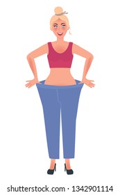 Slender girl in big jeans shows the results of weight loss. Vector illustration of people and healthy lifestyle