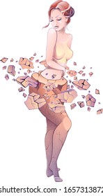 Slender girl comes out of an clay statue of a fat woman. The concept of weight loss, fitness, healthy lifestyle, liposuction surgery. Vector illustration is stylized as a watercolor.