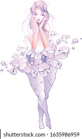 A slender girl emerges from an ice statue of a fat woman. The concept of weight loss, fitness, healthy lifestyle, liposuction surgery. Vector illustration is stylized as a watercolor.