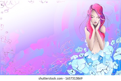 A slender girl emerges from an ice statue of a fat woman. The concept of weight loss, fitness, healthy lifestyle, liposuction surgery.