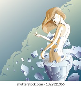 A slender girl emerges from a stone statue of a fat woman. The concept of weight loss, fitness, healthy lifestyle, liposuction surgery. Vector illustration.