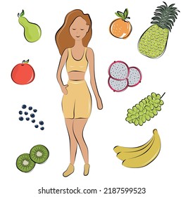 Slender girl and fruits. Healthy lifestyle. Balanced diet. Vegetarianism. Vitamins and minerals. Colorful flat illustration.
