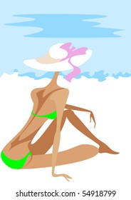 A slender girl in a green bikini sitting on the sand, backs to the audience, on the beach
