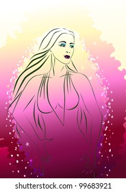 A slender girl with long hair and bright make-up dancing