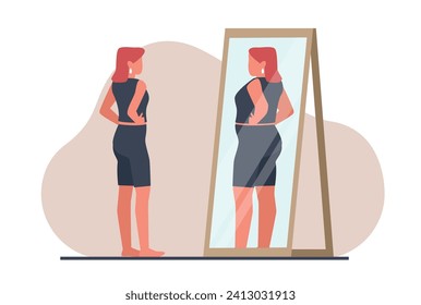 Una chica delgada se mira en el espejo y ve a una mujer gorda. Trastorno psicológico de autoestima. Una hembra delgada y un cuerpo con sobrepeso distorsionaron la reflexión. Enfermedad de Bulimia. Obsesión dietética. Concepto de vector