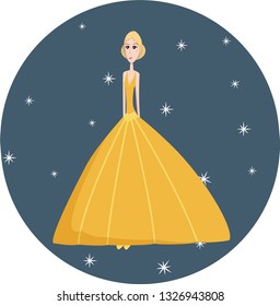Slender girl princess with a high hairstyle in a ball yellow dress among twinkling stars vector
