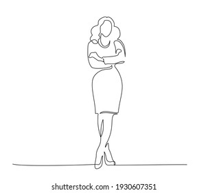 Slender girl standing in dress. Continuous one line drawing. Vector illustration