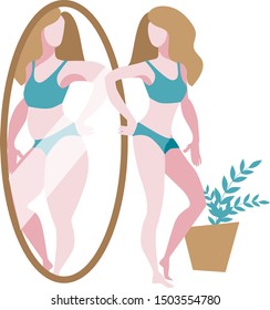 A slender girl stands in front of a mirror and sees a thick reflection of herself.