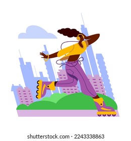 A slender girl in a tracksuit is roller skating in the city. A vivid illustration on the theme of summer sports.