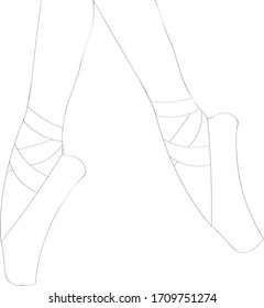 
Slender graceful legs of a dancing ballerina shod in pointe shoes, drawn with a black line on a white background