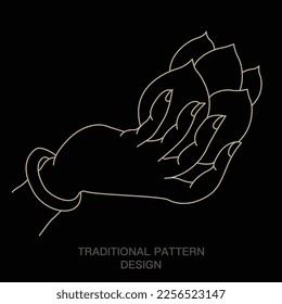 slender hand holding petals.beautiful hands. Avalokitesvara or bergamot. Hindu motifs. Asian minimalist line vector illustration. Tattoo, yoga, spirituality, zen, meditation, ornament.