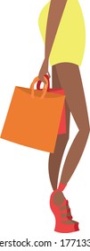 Slender legs in high-heeled shoes. Girl in a yellow mini skirt. Multi-colored bags and bags for shopping.
