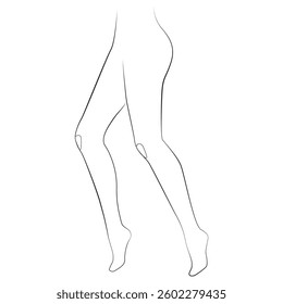 Slender long female legs one line drawing on white isolated background