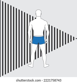 Slender man in blue swimming trunks silhouette. Character with moderate body fat. Back view of an adult man standing in thought. Male person on wall or fence backdrop. Striped hedge goes into distance