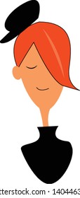 A slender man with orange hair wearing a black hat and black top, vector, color drawing or illustration. 