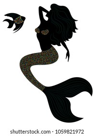 Slender Mermaid with long scales fish tail and fish, cartoon color vector illustration 