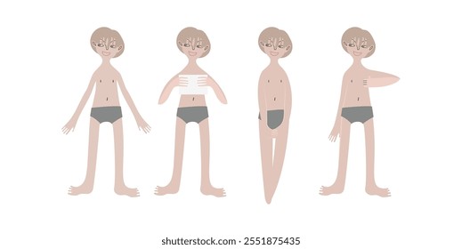 Slender pale smiling boy with shaggy hair in swimming trunks on the beach. Vector illustration. Character in four poses. Child in flat style.