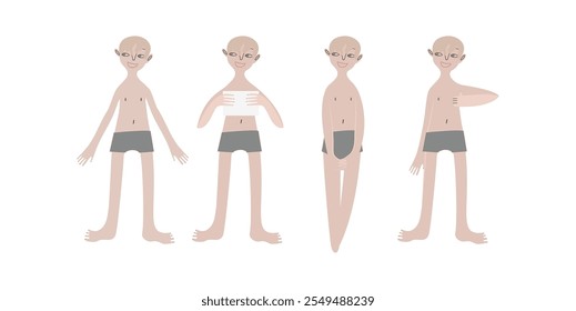 Niño sonriente pálido esbelto con el pelo rubio mojado en los troncos de la natación en la playa. Ilustración vectorial. Personaje en cuatro poses. Niño en estilo plano.