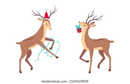 Slender Reindeer with Antler Wearing Hat and Carrying Gift Box Vector Set