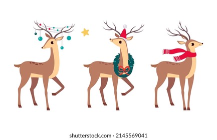 Slender Reindeer with Antler Wearing Scarf and Advent Wreath Vector Set