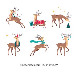 Slender Reindeer with Antler Wearing Scarf and Garland Vector Set