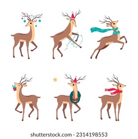 Slender Reindeer with Antler Wearing Scarf and Garland Vector Set