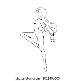 Slender silhouette of young beautiful dancer in the movement. Vector, hand drawing by black lines, isolated on white background.