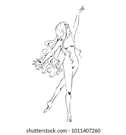 Slender silhouette of young beautiful dancer in the movement. Vector, hand drawing by black lines, isolated on white background.