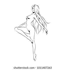Slender silhouette of young beautiful dancer in the movement. Vector, hand drawing by black lines, isolated on white background.