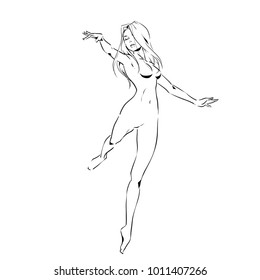 Slender silhouette of young beautiful dancer in the movement. Vector, hand drawing by black lines, isolated on white background.