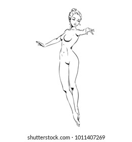 Slender silhouette of young beautiful dancer in the movement. Vector, hand drawing by black lines, isolated on white background.