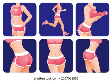 Slender sporty woman, fitness girl icon set. full body workout for women, fitness apps icons set. Running, training in the gym with dumbbells, abs, butt, biceps, stretching and slimming.