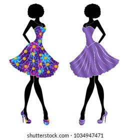 Slender stylish young models in short dresses mainly with blue and violet colors, vector stencils isolated on the white background