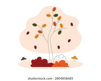A slender, stylized autumn tree shedding colorful leaves over bushes and small mushrooms.