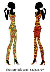 Slender stylized models in ornate ethnic dresses filling with flower pattern, vector colorful silhouettes isolated on the white background 