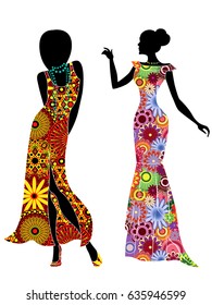 Slender stylized young models in ornate motley multicolour long ethnic dresses, vector stencils isolated on the white background 
