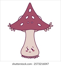 A slender and tall cartoon mushroom with a red cap and white spots, featuring intricate fringe details underneath. Minimalist style