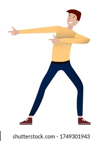 slender, thin young man dances and makes an index gesture towards his partner. Cheerful high spirits. Isolated vector on white background