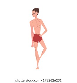 Slender, Thin Young Man in Red Shorts, Male Endomorph Body Type Cartoon Style Vector Illustration on White Background