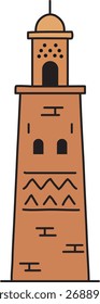 A slender tower with a small balcony and geometric motifs stands ready to call across a skyline