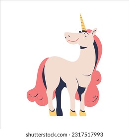 Slender Unicorn with Pink Mane and Horn as Fairytale Character Vector Illustration