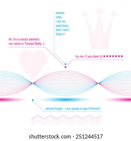 Slender wavy motif chiffon background, heart and crown with curved stripy flowing lines, relax aerial seamless royal composition. Sophisticated flexible design elements.