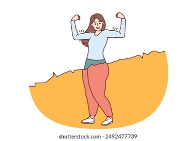 Slender woman before and after fitness shows muscles to show off weight loss. Slim and fat girl at same time for concept of diet food and motivation for healthy lifestyle or sports