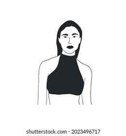 Slender woman in black underwear or swimsuit hand drawn in graphic style. Isolated female figure. Vector design for logo. Yoga, beauty salon, fitness