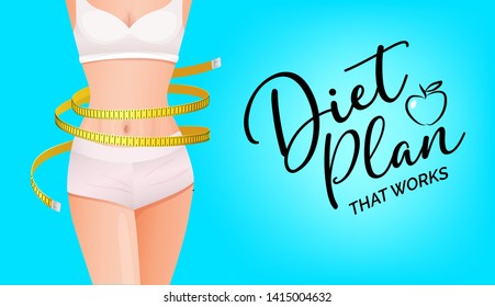 Slender Woman Body With Yellow Measure Tape At Waist, Health And Body Care Concept, Loss Weigh - Diet Plan Banner, Vector Illustration