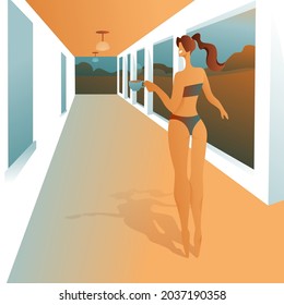 A slender woman with a cup of coffee on the terrace on a clear day. Pose on socks, a beautiful girl in a swimsuit. Abstract trees, bushes.