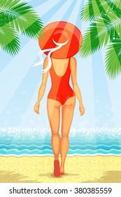 Slender woman dressed in red swimsuit with big hat at her head is walking at the beach with seascape ahead, in sunbeams. Full length back view