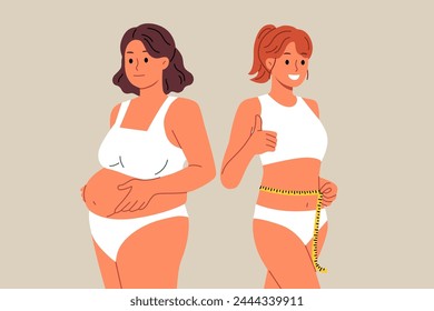 Slender woman fitness trainer stands near client suffering from obesity and shows thumbs up, promising quick weight loss. Female fitness trainer with measuring tape in hands, proud of achieved result