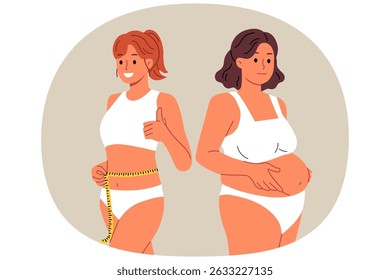 Slender woman fitness trainer stands near client suffering from obesity and shows thumbs up, promising quick weight loss. Female fitness trainer with measuring tape in hands, proud of achieved result