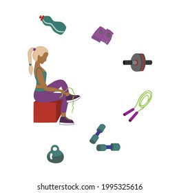 A slender woman or girl prepares for fitness classes and ties her sports shoes. Vector illustration of an athlete and sports attributes.